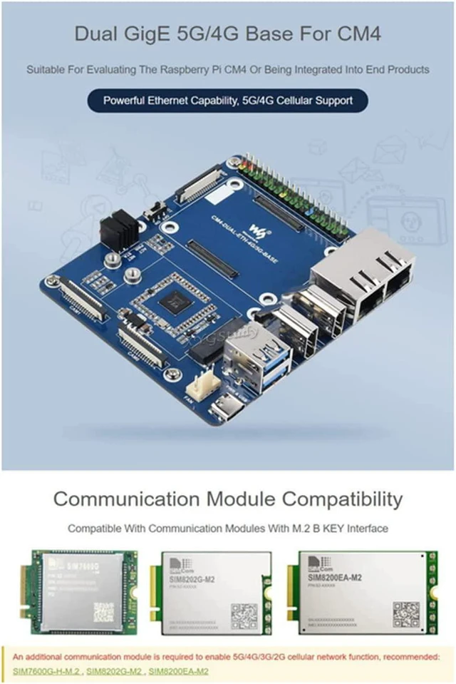 Alt view image 3 of 7 - Dual Gigabit Ethernet 5G 4G Base Board Designed for Raspberry Pi Compute Module 4 Providing Interfaces Including: ETH/CSI/DSI/RTC/HDMI/SD/USB/M.2 B Key @XYGStudy (CM4-DUAL-ETH-4G/5G-BASE)