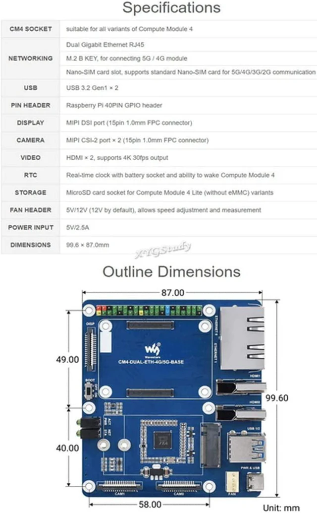 Alt view image 4 of 7 - Dual Gigabit Ethernet 5G 4G Base Board Designed for Raspberry Pi Compute Module 4 Providing Interfaces Including: ETH/CSI/DSI/RTC/HDMI/SD/USB/M.2 B Key @XYGStudy (CM4-DUAL-ETH-4G/5G-BASE)