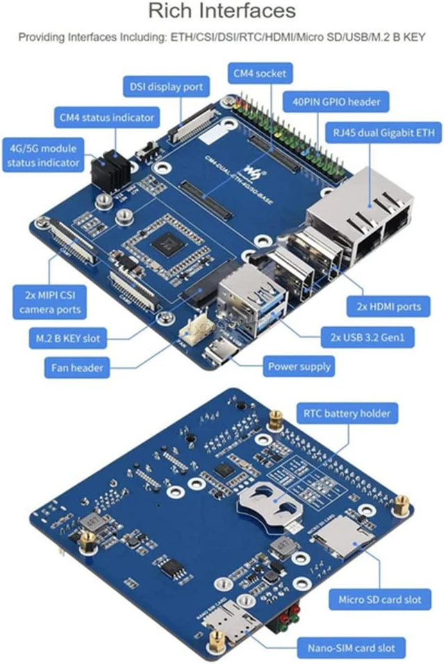 Alt view image 7 of 7 - Dual Gigabit Ethernet 5G 4G Base Board Designed for Raspberry Pi Compute Module 4 Providing Interfaces Including: ETH/CSI/DSI/RTC/HDMI/SD/USB/M.2 B Key @XYGStudy (CM4-DUAL-ETH-4G/5G-BASE)