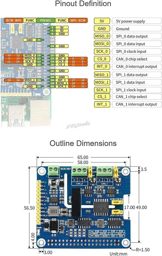 Alt view image 6 of 7 - XYGStudy 2-Channel Isolated CAN FD Expansion HAT for Raspberry Pi Supports CAN2.0 and CAN FD Protocols Communication Interface SPI MCP2517FD MCP2562FD 3.3V/5V with Multi Onboard Protection Circuits