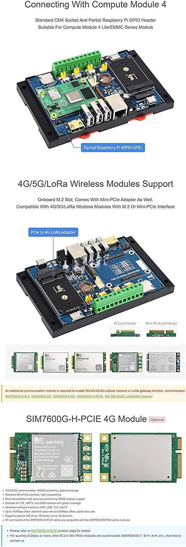 Alt view image 4 of 7 - Industrial IoT Wireless Expansion Module Based Raspberry Pi Compute Module 4 (CM4),Support 4G/5G/LoRa, Multi Interfaces