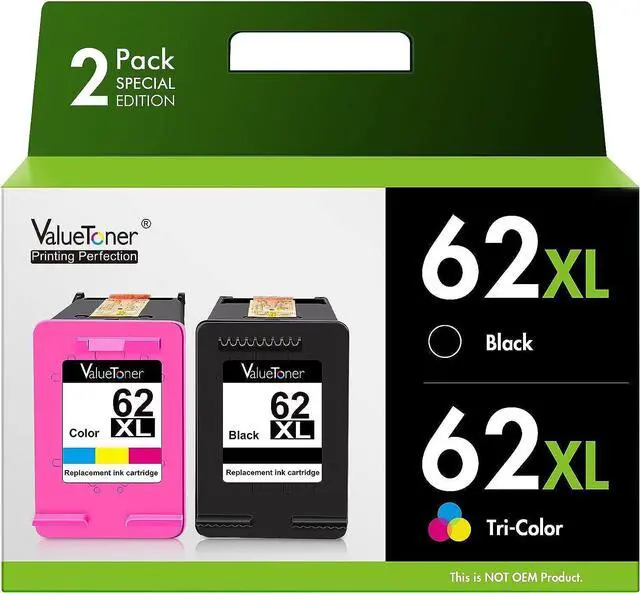 Main image of Valuetoner Remanufactured Ink Cartridge Replacement  62XL 62 XL to use with Envy 5540 5640 5660 7644 7645 OfficeJet 5740 8040 OfficeJet 200 250 Series Printer (1 Black, 1 Tri-Color, 2-Pack)