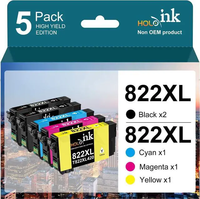 Main image of 5 Pack 822XL Remanufactured Replacement  822XL Ink Cartridges T822XL  Workforce Pro WF-3820 WF-4820 WF-4830 WF-4833 WF-4834 Printers (2 Black, 1 Cyan, 1 Magenta, 1 Yellow)