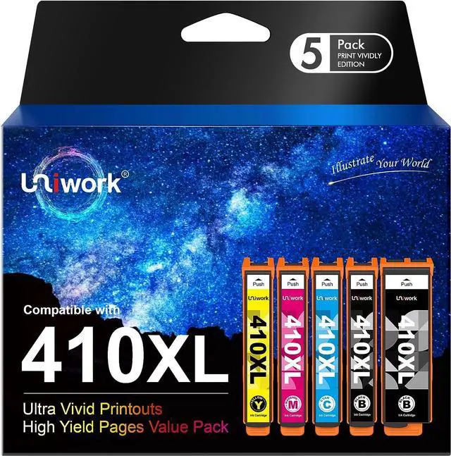 Main image of Uniwork Remanufactured Ink Cartridge Replacement  410XL 410 XL T410XL use for Expression XP-830 XP-640 XP-7100 XP-630 XP-530 XP-635 Printer tray (Latest Upgraded Chip, 5 Pack)