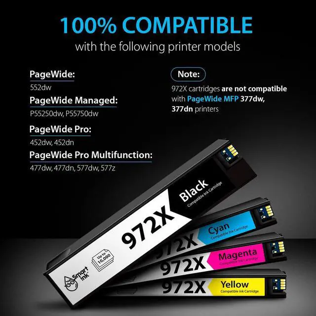 Alt view image 3 of 7 - Smart Ink Compatible Ink Cartridge Replacement  972X 972 X (4 Pack Combo) to use with PageWide Pro 477dw 577dw 452dw 477dn 452dn 577z 552dw P55250dw Printers (Black & Cyan Magenta Yellow)