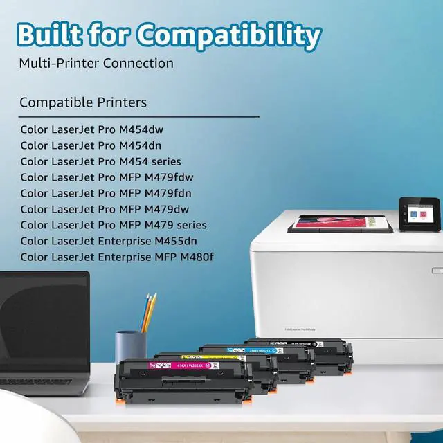 Alt view image 3 of 7 - 414X Toner Cartridges 4 Pack High Yield (with Chip) Replacement  414X W2020X 414A Toner Cartridges Work  Color Laserjet Pro MFP M479fdw M454dw M479fdn M454dn (Black Cyan Magenta Yellow)