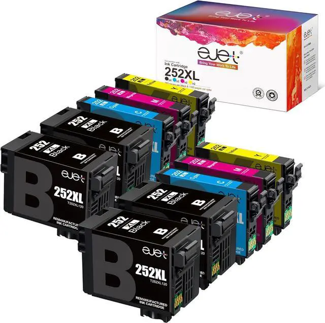 Main image of T252 252XL Ink High Capacity Black & Color Cartridge Combo Pack ejet Replacement  252 Ink Cartridges for WF-7720 WF7710 WF-3620 WF-3640(4 Black,2 Cyan,2 Magenta,2 Yellow)10 PCK Remanufactured