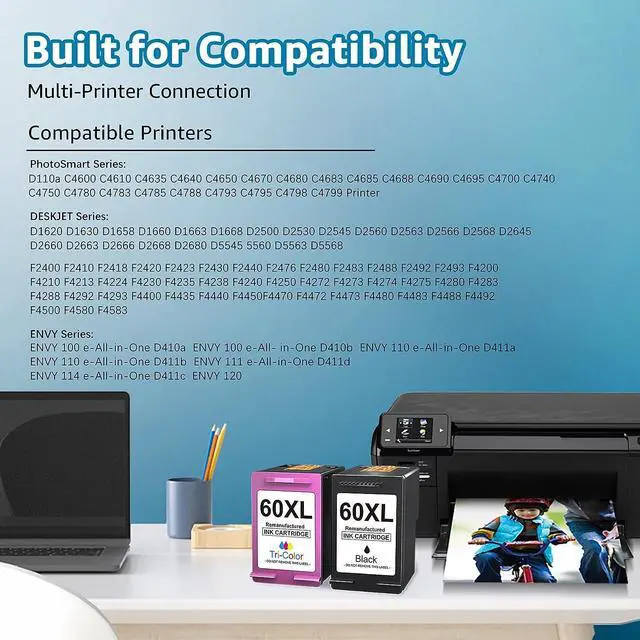 Alt view image 2 of 7 - 60XL Ink Cartridge Remanufactured  60 Ink Cartridge Combo Pack Color and Black  60XL use with PhotoSmart D110a C4680 C4780 C4795 DeskJet F4440 F4480 ENVY 100 110 120 (1 Black, 1 Tri-Color)