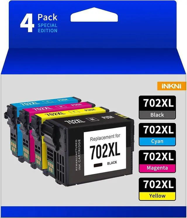 Main image of InkNI 702XL Ink Cartridges Combo Pack Remanufactured Replacement  702 XL 702XL High Yield for Workforce Pro WF-3720 WF-3730 WF-3733 Printer (Black, Cyan, Magenta, Yellow, 4-Pack) 702 Ink