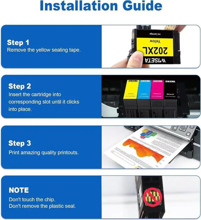 Alt view image 2 of 6 - 202XL 202 Ink cartridges High Capacity Black & Standard Color - 4 Pack Remanufactured Ink WISETA Replacement  202XL 202 XL Ink Cartridges for Workforce WF-2860 Expression Home XP-5100 Printer