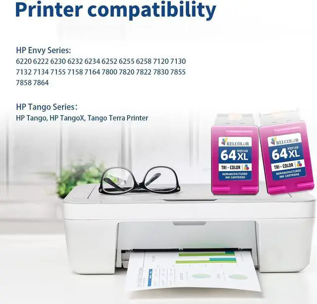 Alt view image 2 of 6 - Relcolor 64XL Color Ink Cartridge Replacement  Ink 64 XL HP64 HP64XL Compatible with Envy 7855 7155 7858 7800 7100 6255 6252 6232 7120 7158 7164 7955e 7900e Tango Ink Printer (2 Tricolor)