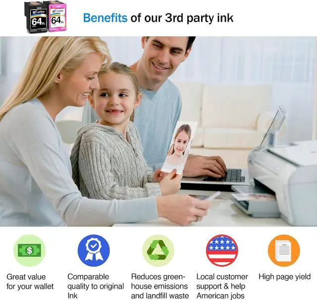 Alt view image 2 of 7 - Cartlee Remanufactured Ink Cartridge Replacement  64 XL 64XL for Envy Photo 6252 6255 6258 7120 7158 7155 7164 7800 7855 7858 7864 Inkjet Printers Pack Combo (1 Black, 1 Tri Color)