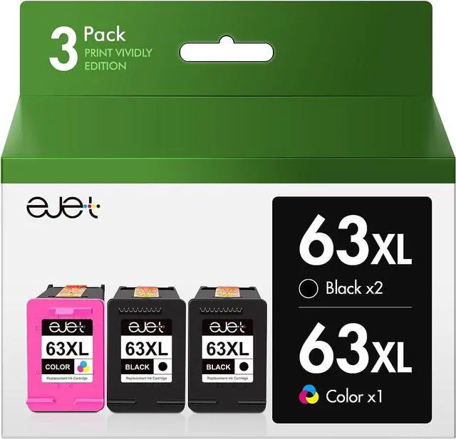 Main image of ejet 63XL Ink Cartridges Black and Color Replacement  Ink 63 63XL 63 Ink Cartridges  Printers OfficeJet 3830 4650 5255 Envy 4520 4512 Deskjet 1112 3634 5200, 2 Black, 1 Tri-Color. 3 Pack
