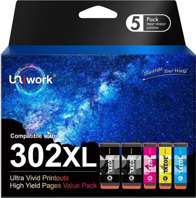 Main image of 302XL Ink Cartridge - Uniwork Replacement  302XL Printer Ink Cartridges, 302XL 302 XL T302XL T302 to use with Expression Premium XP-6000 XP6000 XP-6100 Printer (PBK/BK/C/M/Y, 5 Pack)