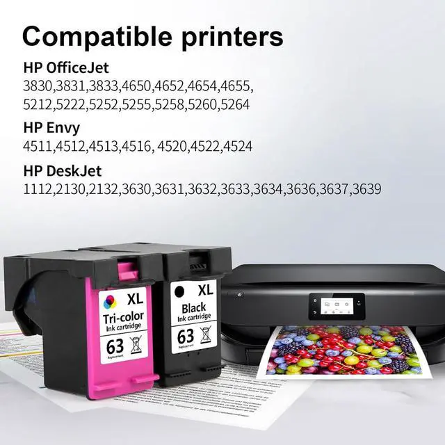 Alt view image 2 of 7 - Aqepbzt Remanufactured Black/Tri-Color Ink Cartridge Replacement  Ink 63 63XXL Ink Cartridges Black and Color  OfficeJet 3830 4650 5255 Envy 4510 5020 4528 4513 Deskjet 1112 2130 Printer