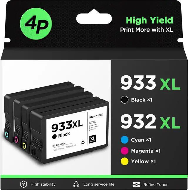 Main image of 932xl 933xl Compatible Ink Cartridge (4 Pack) Replacement for 932XL 933XL 932 933 High Yield, Use with Officejet 6700 6600 7612 6100 7610 7110 Printer (1 Black 1 Cyan 1 Magenta 1 Yellow)