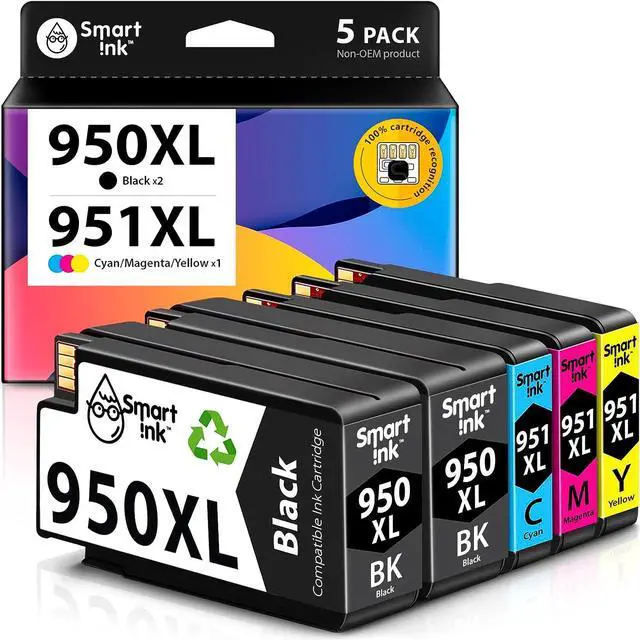 Main image of Smart Ink Compatible Ink Cartridge Replacement  950XL 951XL 950 XL 951 XL 5 Pack Combo to use with Officejet Pro 8600 plus 8610 8620 8100 8625 8630 Printers (2 Black & 1 Cyan 1 Magenta 1 Yellow)