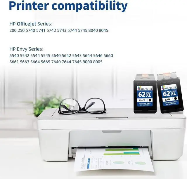 Alt view image 2 of 6 - Relcolor Replacement  Ink 62 XL 62XL HP62 Cartridge Black Combo 2 Pack Envy 5540 5542 5645 5660 7640 7645 7644 OfficeJet 5740 8040 200 250 5745 Printers,Higher Yield,HP62XL