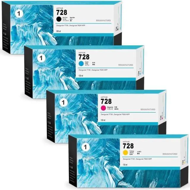 Main image of 728 Ink Cartridges 4-Pack (300-ml Black / 130-ml Cyan/Magenta/Yellow) - Utye Compatible Ink Cartridges Replacement  728 Ink Work with T830 MFP & T730 Large Format Plotter Printer