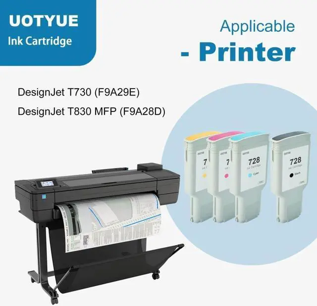 Alt view image 2 of 6 - 728 Ink Cartridges 4-Pack (300-ml Black / 130-ml Cyan/Magenta/Yellow) - Utye Compatible Ink Cartridges Replacement  728 Ink Work with T830 MFP & T730 Large Format Plotter Printer