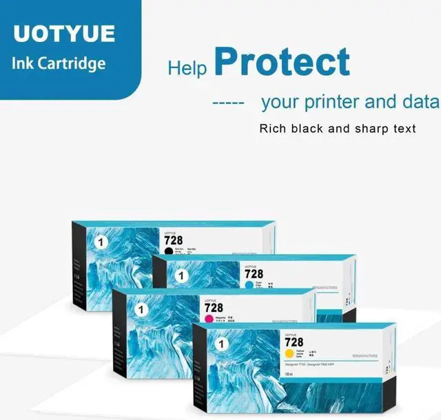 Alt view image 4 of 6 - 728 Ink Cartridges 4-Pack (300-ml Black / 130-ml Cyan/Magenta/Yellow) - Utye Compatible Ink Cartridges Replacement  728 Ink Work with T830 MFP & T730 Large Format Plotter Printer