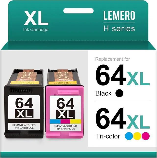 Main image of LEMERO Remanufactured 64 Ink Cartridge Replacement  64XL 64 XL Combo Pack for Envy Photo 7855 7155 7858 7800 6255 6230 7820 Printer (Black and Color, 2 Pack) 64XL Tango Ink Cartridges