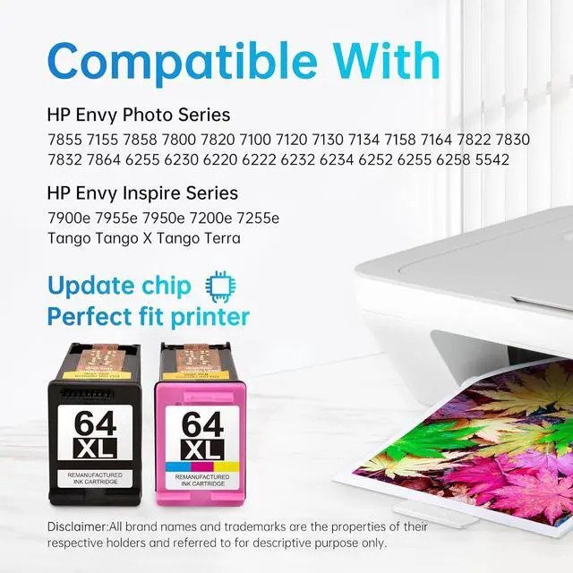 Alt view image 2 of 7 - LEMERO Remanufactured 64 Ink Cartridge Replacement  64XL 64 XL Combo Pack for Envy Photo 7855 7155 7858 7800 6255 6230 7820 Printer (Black and Color, 2 Pack) 64XL Tango Ink Cartridges