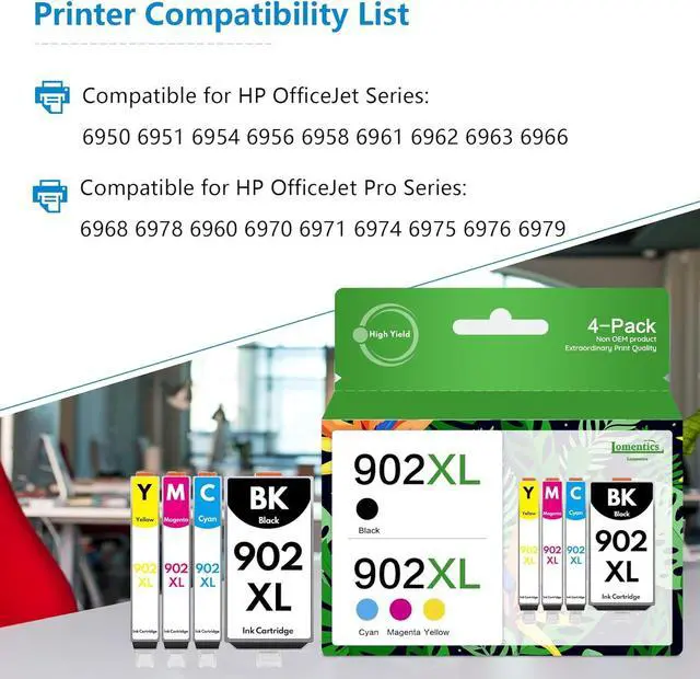 Alt view image 2 of 6 - 902XL Ink Cartridges Combo Pack (4-Pack,Black/Cyan/Magenta/Yellow) -LOMENTI Compatible 902xl 902 Ink Cartridges Replacement  OfficeJet 6963 6954 6958 6962 6966 Pro 6968 6978 6975 6960 6970