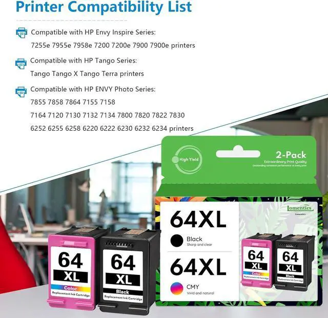 Alt view image 2 of 6 - 64XL Ink Cartridge Combo Pack (2 Pack,1Black/1Tricolor) -LOMENTI Remanufactured Ink Cartridges Replacement  64XL 64 Ink Cartridge  Envy Photo 7858 7855 7155 6234 Envy Inspire 7255e 7200