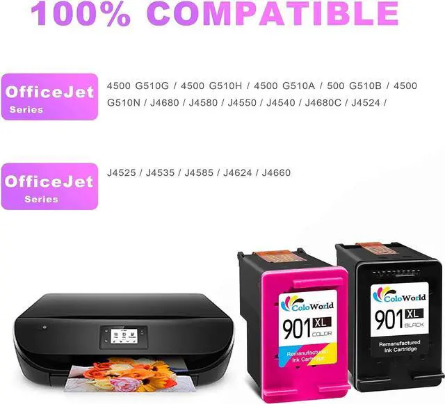 Alt view image 2 of 7 - ColoWorld Remanufactured 901 Ink Cartridge Replacement  901 XL Combo Pack Work with OfficeJet J4550 J4680 4500 J4580 J4540 J4500 J4680c G510a G510b G510g G510h G510n Printer (1 Black 1 Color)