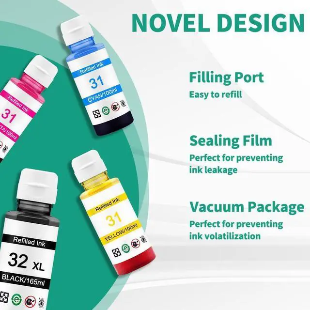Alt view image 4 of 7 - Greenland Office Compatible Ink Bottle Replacement  31 32 XL Ink  Smart Tank 7301 6001 7602 Plus 551 651 455 Wireless All-in-One Ink Tank Printer(165ml Black, 100ml Cyan Magenta Yellow)