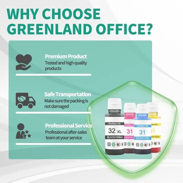 Alt view image 7 of 7 - Greenland Office Compatible Ink Bottle Replacement  31 32 XL Ink  Smart Tank 7301 6001 7602 Plus 551 651 455 Wireless All-in-One Ink Tank Printer(165ml Black, 100ml Cyan Magenta Yellow)