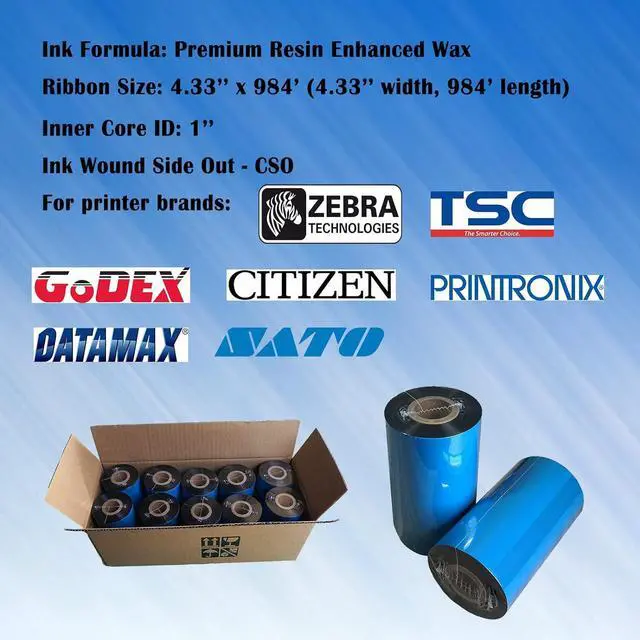 Alt view image 2 of 7 - (10 Rolls) 4.33'' x 984' Premium Resin Enhanced Wax Ribbon, 110mm x 300m Black Thermal Transfer Ribbon, Barcode Thermal Label Printer Ribbon, CSO-Ink Outside, 1'' Core for Zebra, TSC, GoDex, Citizen