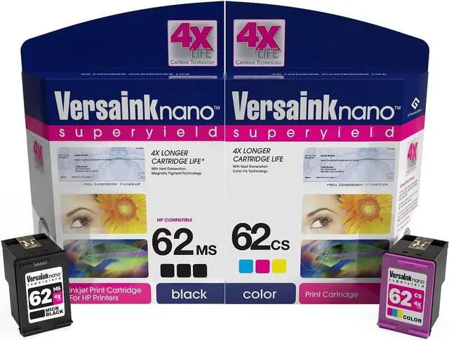 Main image of VersaInk-Nano HP 62 MS MICR Black Ink Cartridge for Check Printing & VersaInk-Nano 62 CS Tri-Color Ink Cartridge Pack