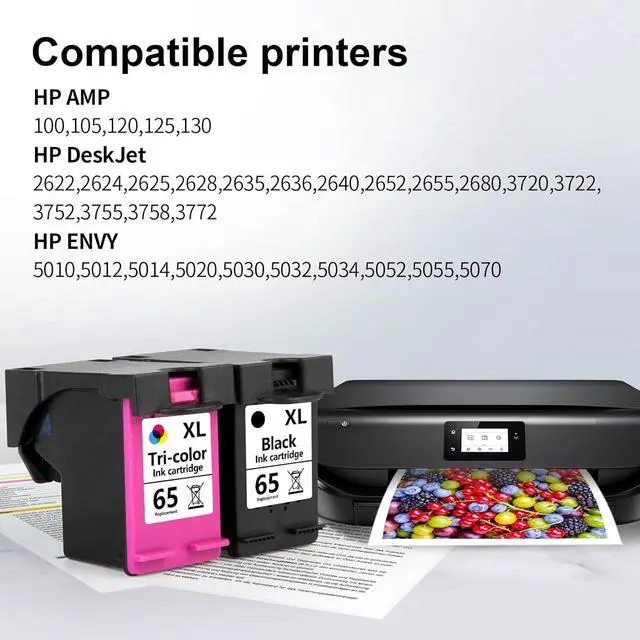 Alt view image 2 of 7 - Aqepbzt Remanufactured Black/Tri-Color Ink Cartridge Replacement  Ink 65 65XL Ink Cartridges Black and Color  AMP 120 100 125 130 Deskjet 3755 2652 3752 2624 Printer