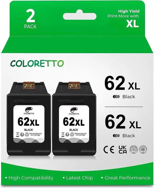 Main image of COLORETTO Remanufactured Printer Ink Cartridge Replacement  62XL to use with Envy 5540, 5542,5640, 5642,Officejet 200c 250 258 5742 5743 5744 (2 Black) Combo Pack