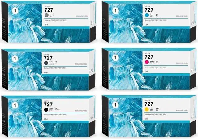 Main image of 727 130-ml Full Color Ink Cartridges(6-Pcs, Photo Black/Matte Black/Gray/Cyan/Magenta/Yellow) - Utye Compatible Ink Replacement  727 work with DesignJet T1530 T2500 T920 T930 T1500 T2530 Printer