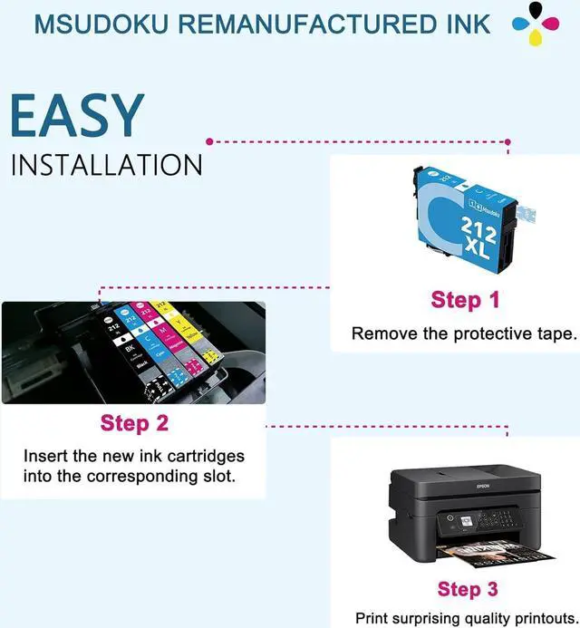 Alt view image 5 of 7 - Msudoku 212XL 212 Ink Cartridges Remanufactured 5 Pack Replacement  212 212XL Ink cartridges Combo Pack T212XL T212 Use with Epson XP-4100 XP-4105 Workforce WF-2850 WF-2830 Printers