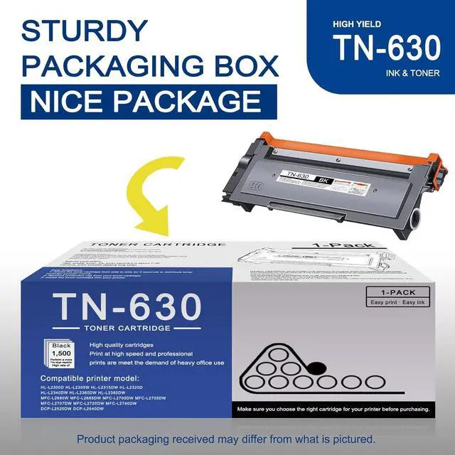 Alt view image 5 of 7 - 1 Pack TN630 TN-630 Black Toner Cartridge Compatible TN630 Replacement  HL-L2300D L2305W L2315DW L2320D L2360DW MFC-L2680W L2685DW L2700DW L2705DW L2707DW L2740DW DCP-L2540DW L2520DW Printe