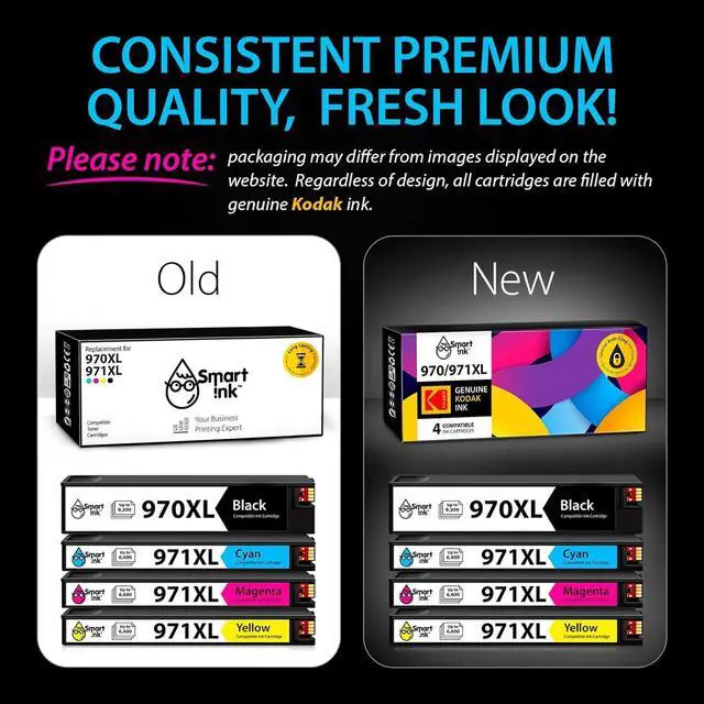 Alt view image 2 of 7 - Smart Ink Compatible Ink Cartridge Replacement  970 XL 971 XL 970XL 971XL Filled with Kodak Ink (Black & Cyan/Magenta/Yellow 4 Pack) to use with Officejet Pro X451dn X476dn MFP X576dw X476dw