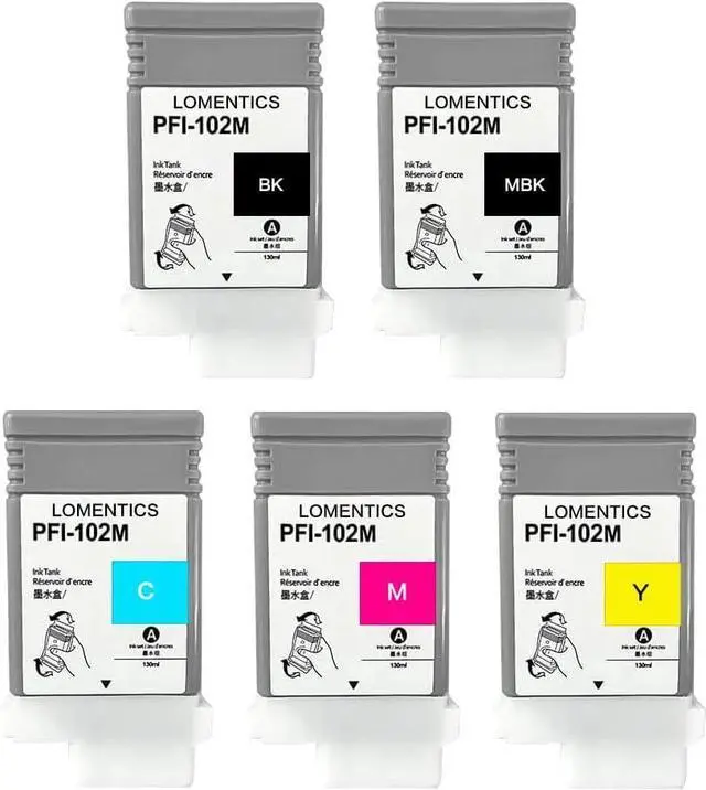 Alt view image 2 of 7 - PFI-102 5-Color Ink Tank (5PK, Matte Black/Black/Cyan/Magenta/Yellow) - Compatible Loment- PFI-102MBK PFI-102BK PFI-102C PFI-102M PFI-102Y Replacement  IPF500 IPF600 IPF605 IPF700 Printer