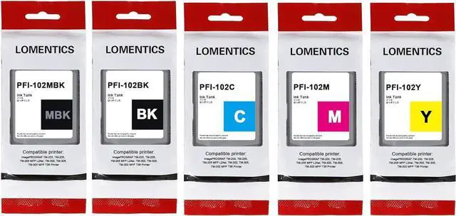 Main image of PFI-102 5-Color Ink Tank (5PK, Matte Black/Black/Cyan/Magenta/Yellow) - Compatible Loment- PFI-102MBK PFI-102BK PFI-102C PFI-102M PFI-102Y Replacement  IPF500 IPF600 IPF605 IPF700 Printer