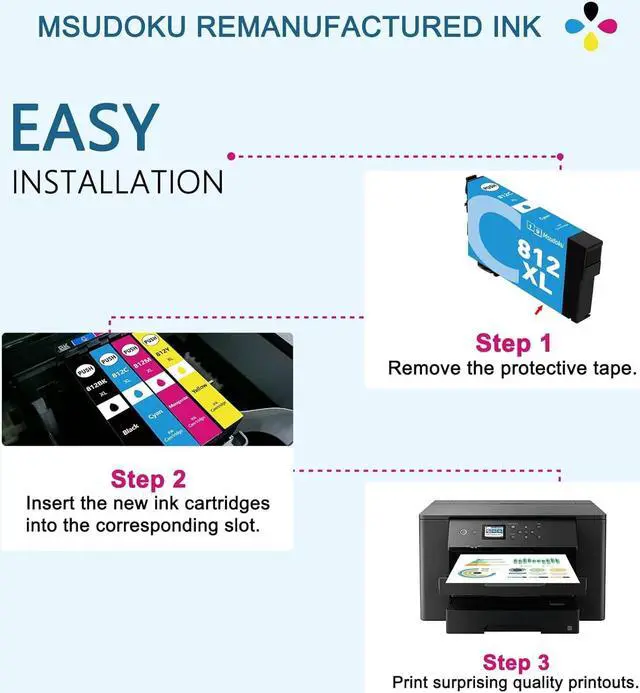Alt view image 5 of 7 - Msudoku Remanufactured 812XL Ink Cartridges Combo Pack Replacement  812 812XL Ink Cartridges T812 T812XL Ink Use  Workforce Pro WF-7820 WF-7840 wf-7310 EC-C7000 Printer(4 Pack)