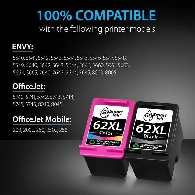 Alt view image 3 of 7 - Smart Ink Remanufactured Ink Cartridge Replacement  62XL 62 XL (Black & Tricolor 2 Combo Pack) to use with Envy 7640 5660 7645 5540 5643 5661 5664 5663 5640 5642 OfficeJet 5740 5746 5745 8040