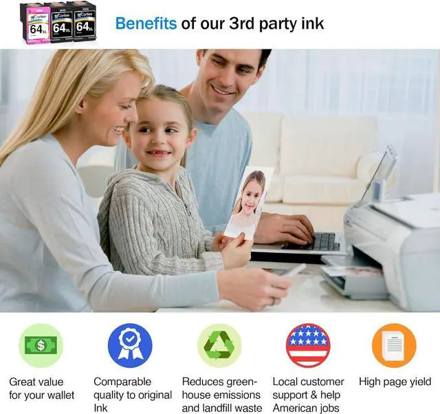 Alt view image 2 of 7 - Cartlee Remanufactured Ink Cartridge Replacement  64 XL 64XL for Envy Photo 6252 6255 6258 7120 7155 7158 7164 7800 7855 7858 7864 Inkjet Printers Pack Combo (2 Black, 1 Tri Color)