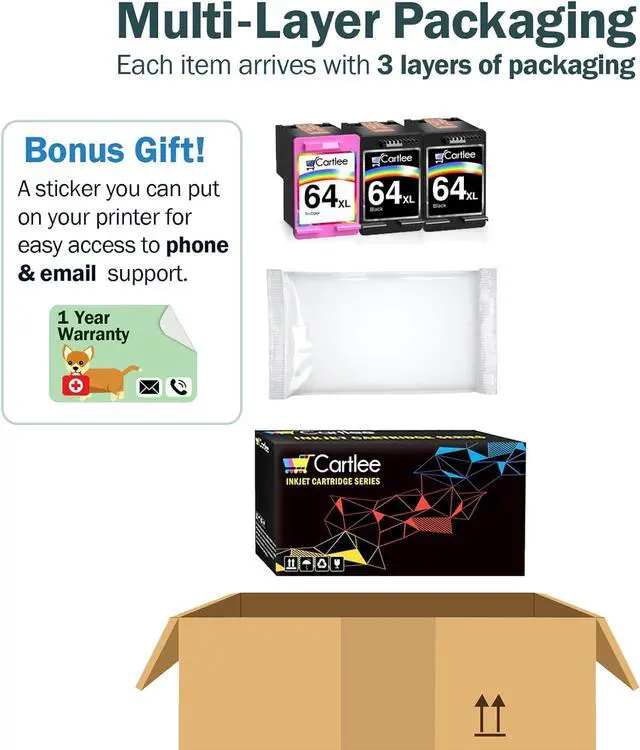 Alt view image 6 of 7 - Cartlee Remanufactured Ink Cartridge Replacement  64 XL 64XL for Envy Photo 6252 6255 6258 7120 7155 7158 7164 7800 7855 7858 7864 Inkjet Printers Pack Combo (2 Black, 1 Tri Color)
