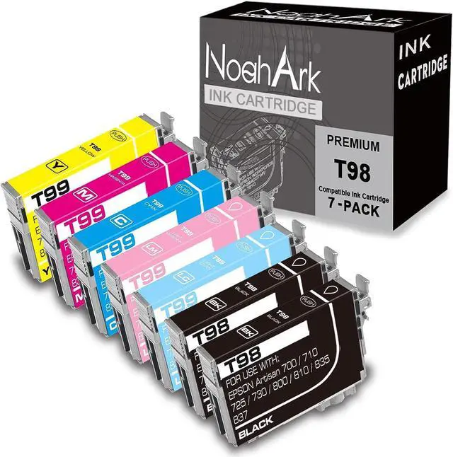 Main image of NoahArk 7 Packs T098 T099 Remanufactured Ink Cartridge Replacement  98 99 for Artisan 700 710 725 730 800 810 835 837 Printer (2 Black,1 Cyan,1 Magenta,1 Yellow,1 Light Cyan,1 Light Magenta)
