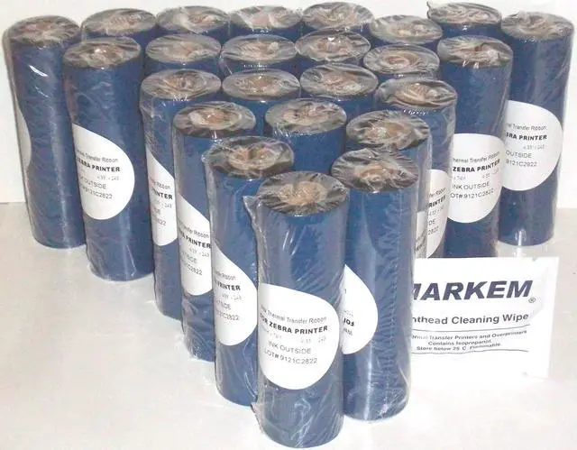 Main image of 48 Thermal Transfer Ribbons 4.33" 1/2" core for Zebra Desktop TLP2844 TLP2442 GC420t GK420t GX420t. More - Free Print Head Cleaner