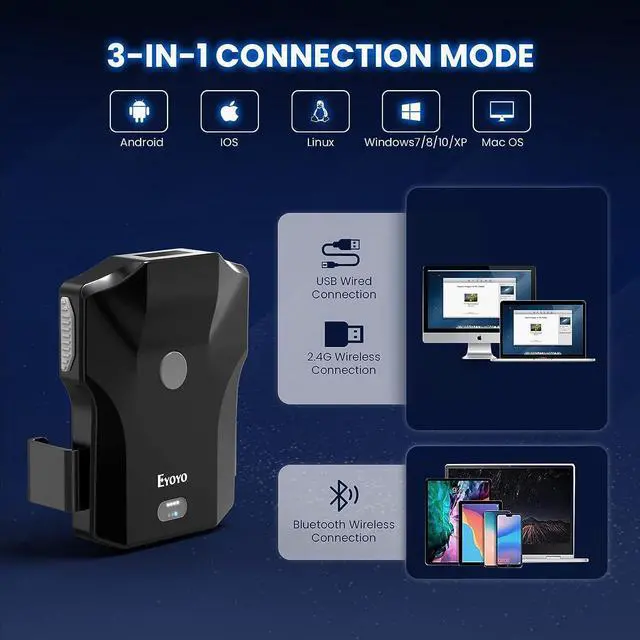 Alt view image 7 of 7 - Eyoyo Bluetooth QR Code Scanner, 2D Wireless Back Clip Phone UPC USB Barcode Scanner Reader with Battery Level Indicator Compatible with 4.7"-7.2" Android Phone, iPhone for Book Library Inventory