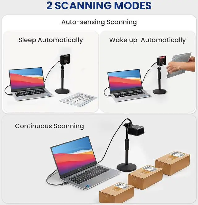 Alt view image 6 of 7 - Eyoyo 1D 2D Hands-Free Barcode Scanner with Height Adjustable Stand, Omni-Directional Presentation Desktop Bar Code Scanner with Automatic Sensing Scanning for POS Checkout Counter Book Library